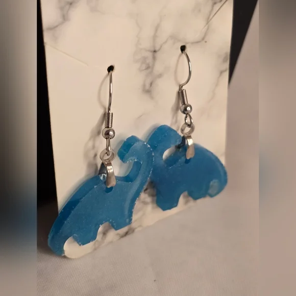 Blue Dinosaur Dangle Earrings Frosted Acrylic Animal Jewelry - Picture 5 of 7